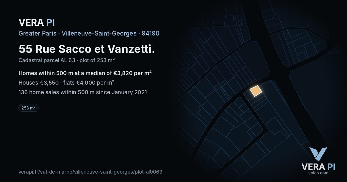 55 Rue Sacco et Vanzetti, Villeneuve-Saint-Georges at night – the plot lit, the parcels around coloured by the prices near them