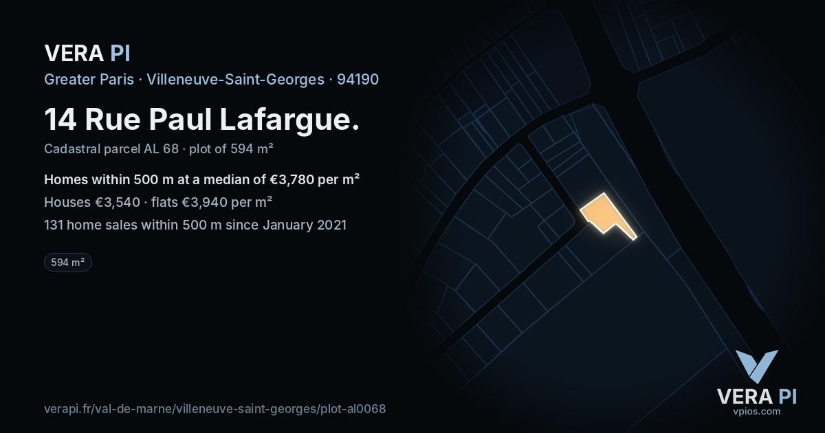 14 Rue Paul Lafargue, Villeneuve-Saint-Georges at night – the plot lit, the parcels around coloured by the prices near them