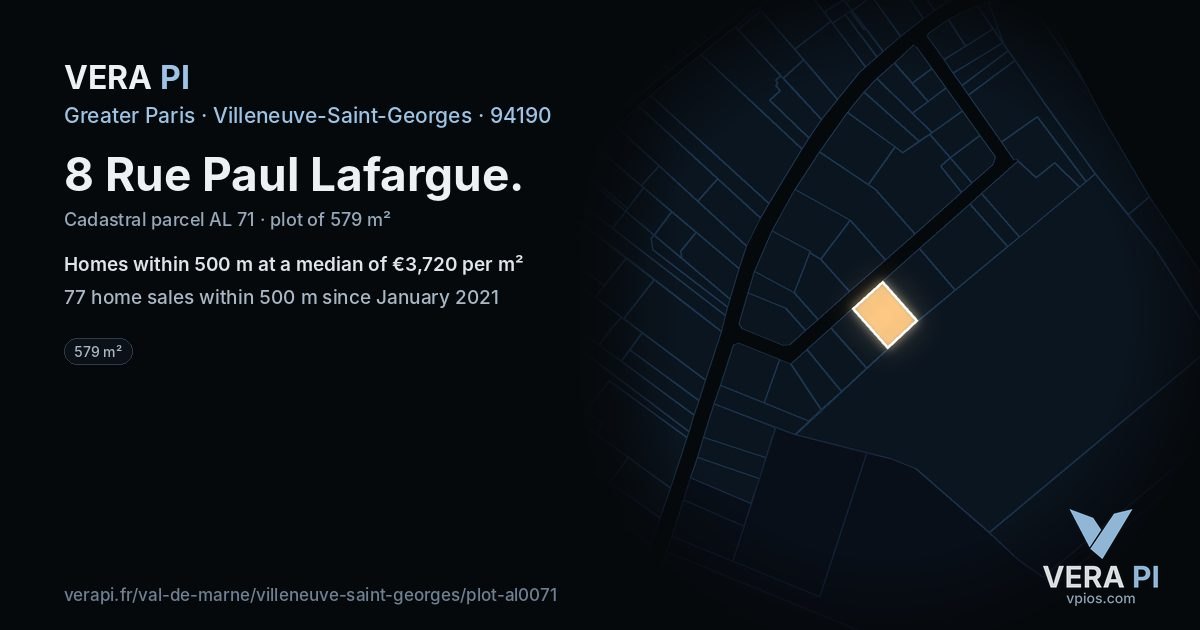 8 Rue Paul Lafargue, Villeneuve-Saint-Georges at night – the plot lit, the parcels around coloured by the prices near them