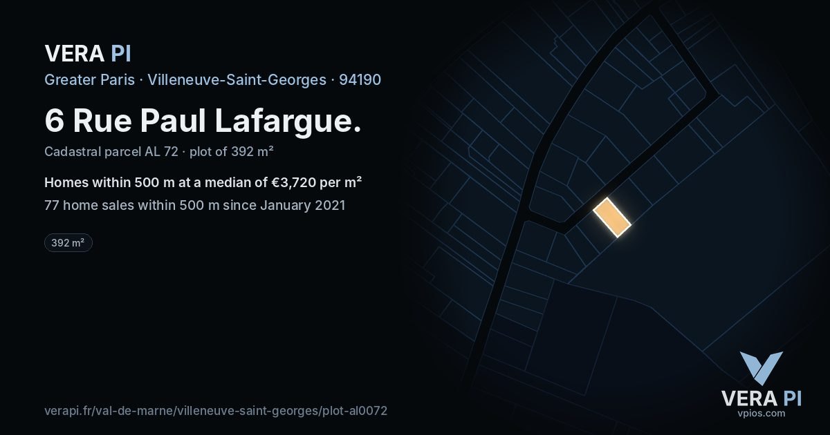6 Rue Paul Lafargue, Villeneuve-Saint-Georges at night – the plot lit, the parcels around coloured by the prices near them