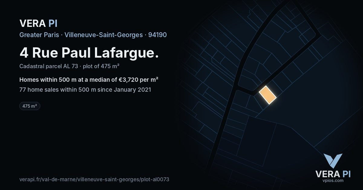 4 Rue Paul Lafargue, Villeneuve-Saint-Georges at night – the plot lit, the parcels around coloured by the prices near them