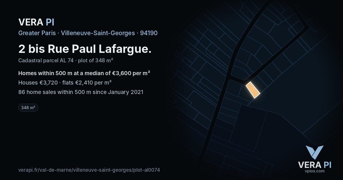 2 bis Rue Paul Lafargue, Villeneuve-Saint-Georges at night – the plot lit, the parcels around coloured by the prices near them