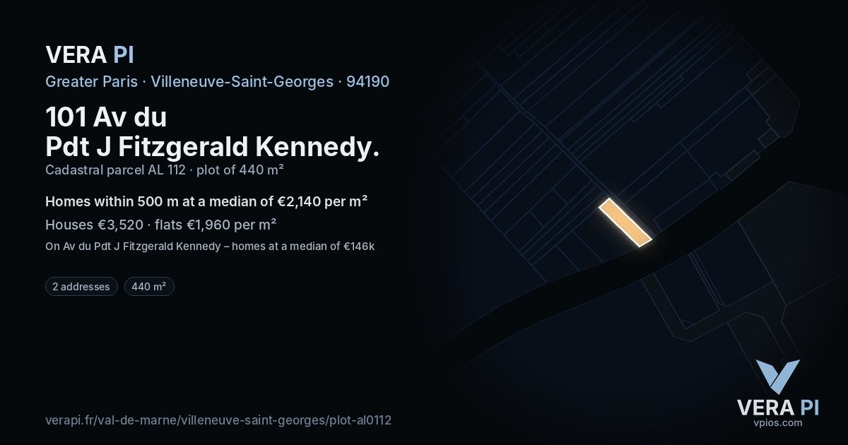 101 Av du Pdt J Fitzgerald Kennedy, Villeneuve-Saint-Georges at night – the plot lit, the parcels around coloured by the prices near them