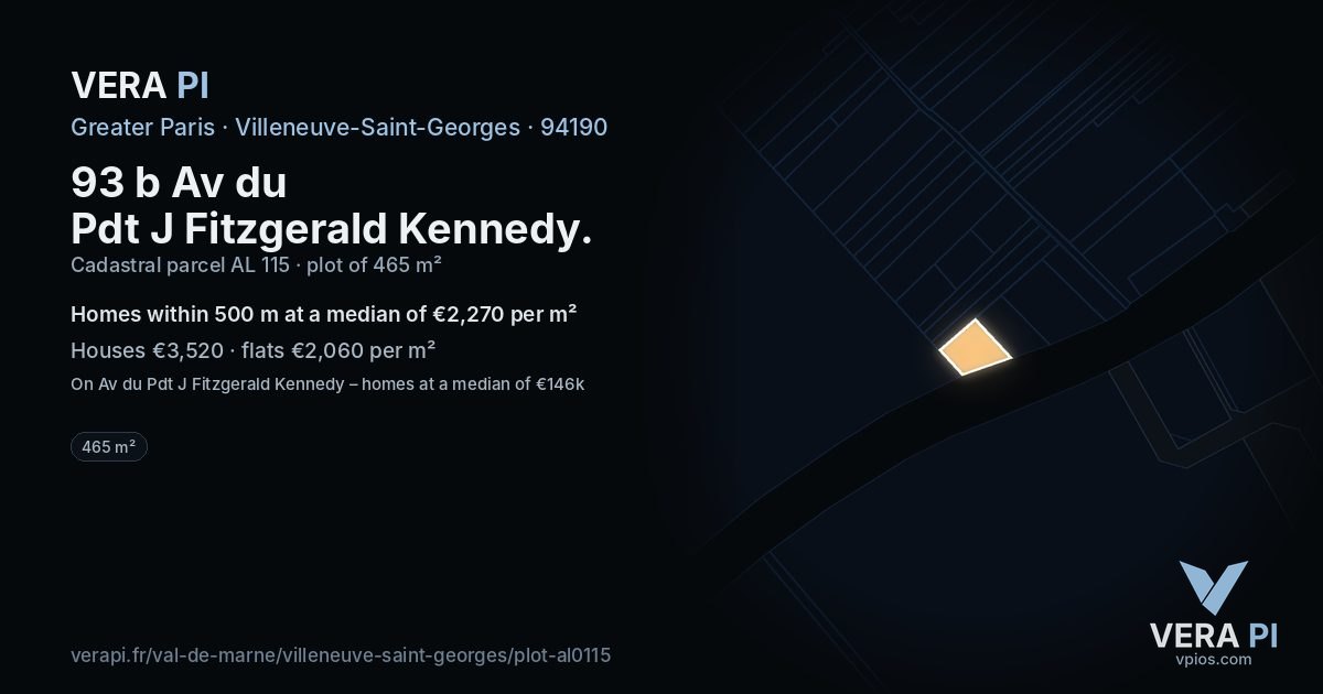 93 b Av du Pdt J Fitzgerald Kennedy, Villeneuve-Saint-Georges at night – the plot lit, the parcels around coloured by the prices near them