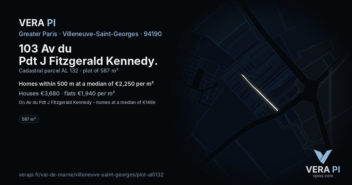103 Av du Pdt J Fitzgerald Kennedy, Villeneuve-Saint-Georges at night – the plot lit, the parcels around coloured by the prices near them