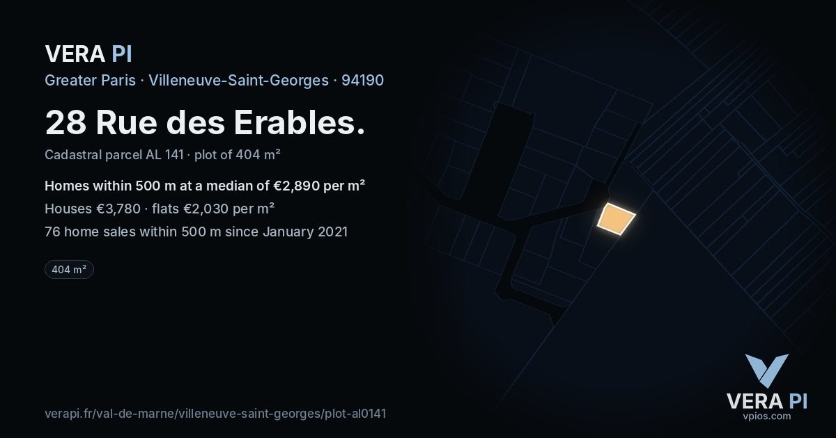 28 Rue des Erables, Villeneuve-Saint-Georges at night – the plot lit, the parcels around coloured by the prices near them