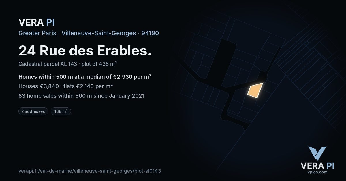 24 Rue des Erables, Villeneuve-Saint-Georges at night – the plot lit, the parcels around coloured by the prices near them