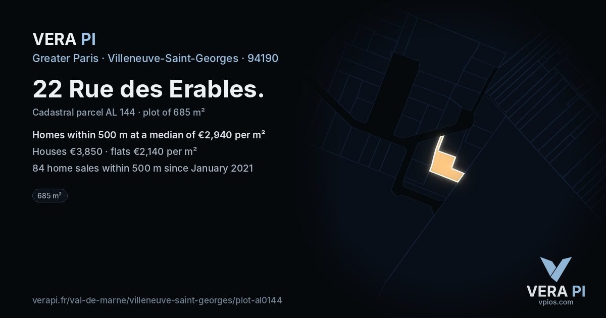 22 Rue des Erables, Villeneuve-Saint-Georges at night – the plot lit, the parcels around coloured by the prices near them