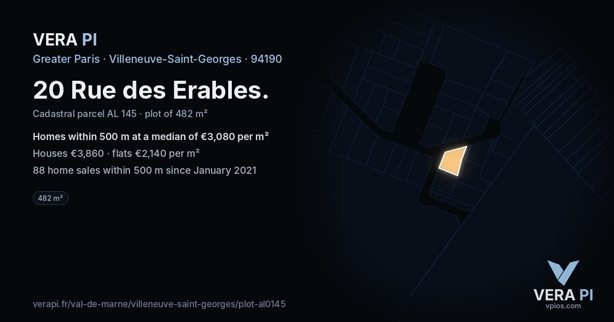20 Rue des Erables, Villeneuve-Saint-Georges at night – the plot lit, the parcels around coloured by the prices near them