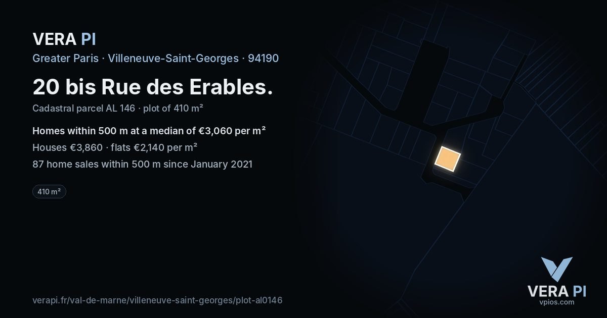 20 bis Rue des Erables, Villeneuve-Saint-Georges at night – the plot lit, the parcels around coloured by the prices near them