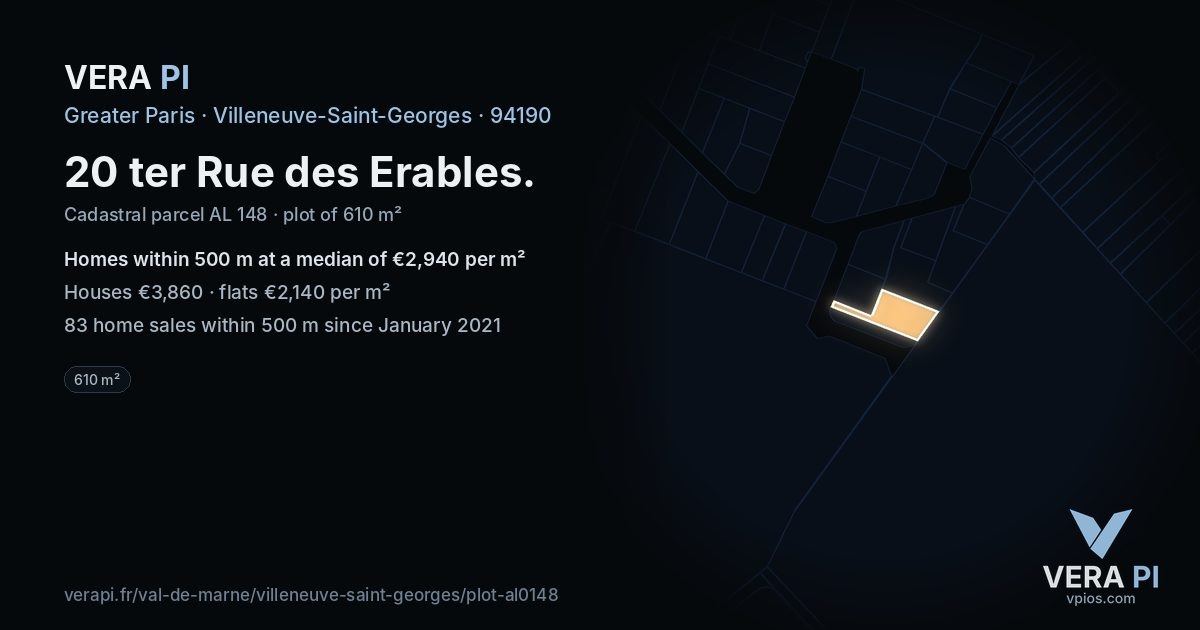 20 ter Rue des Erables, Villeneuve-Saint-Georges at night – the plot lit, the parcels around coloured by the prices near them