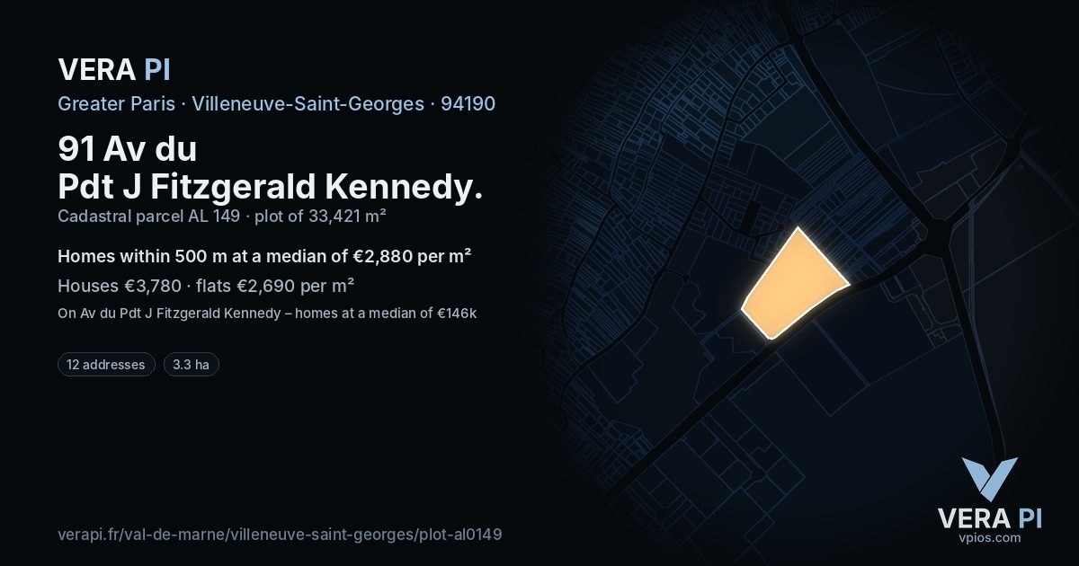 91 Av du Pdt J Fitzgerald Kennedy, Villeneuve-Saint-Georges at night – the plot lit, the parcels around coloured by the prices near them