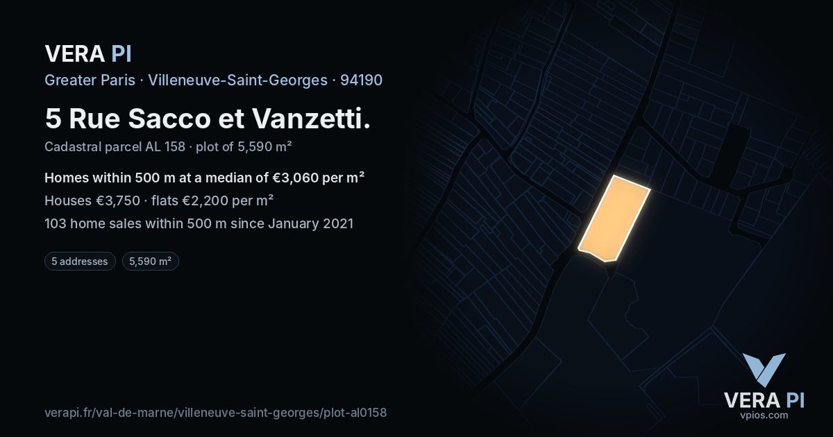 5 Rue Sacco et Vanzetti, Villeneuve-Saint-Georges at night – the plot lit, the parcels around coloured by the prices near them