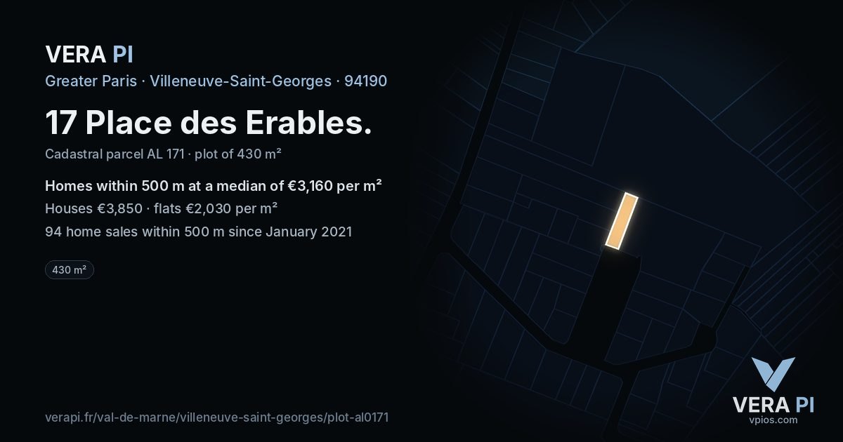 17 Place des Erables, Villeneuve-Saint-Georges at night – the plot lit, the parcels around coloured by the prices near them