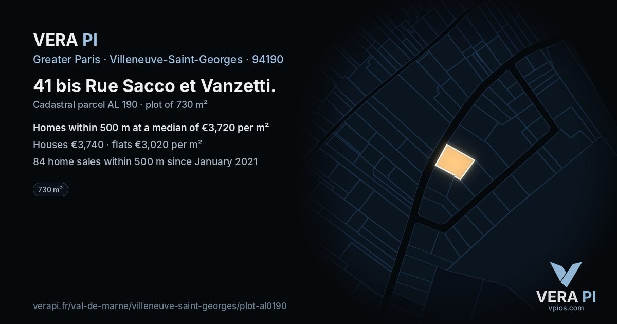 41 bis Rue Sacco et Vanzetti, Villeneuve-Saint-Georges at night – the plot lit, the parcels around coloured by the prices near them