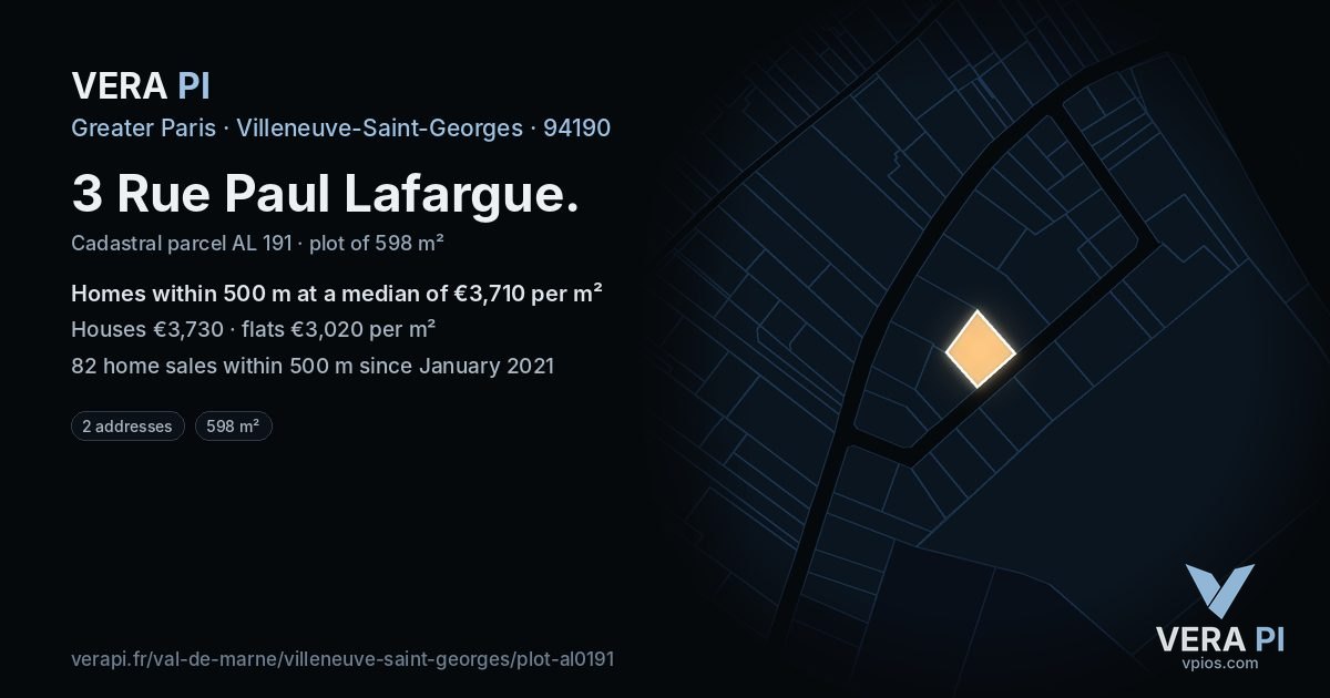3 Rue Paul Lafargue, Villeneuve-Saint-Georges at night – the plot lit, the parcels around coloured by the prices near them