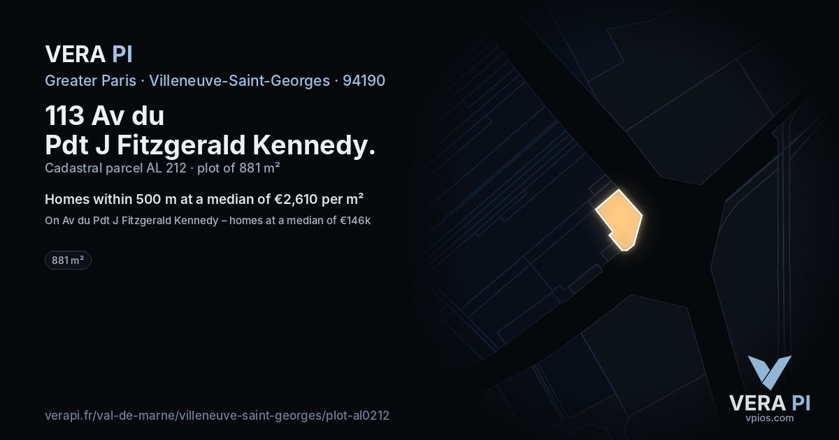 113 Av du Pdt J Fitzgerald Kennedy, Villeneuve-Saint-Georges at night – the plot lit, the parcels around coloured by the prices near them