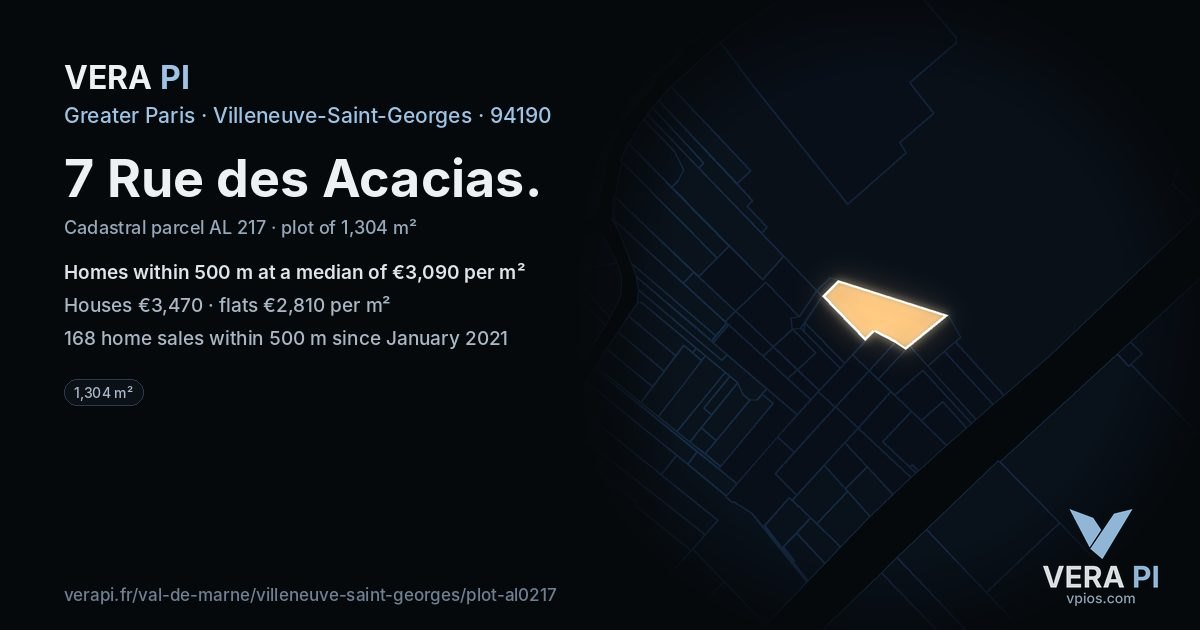7 Rue des Acacias, Villeneuve-Saint-Georges at night – the plot lit, the parcels around coloured by the prices near them