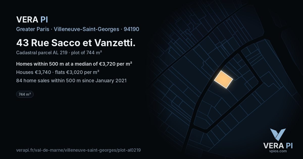 43 Rue Sacco et Vanzetti, Villeneuve-Saint-Georges at night – the plot lit, the parcels around coloured by the prices near them