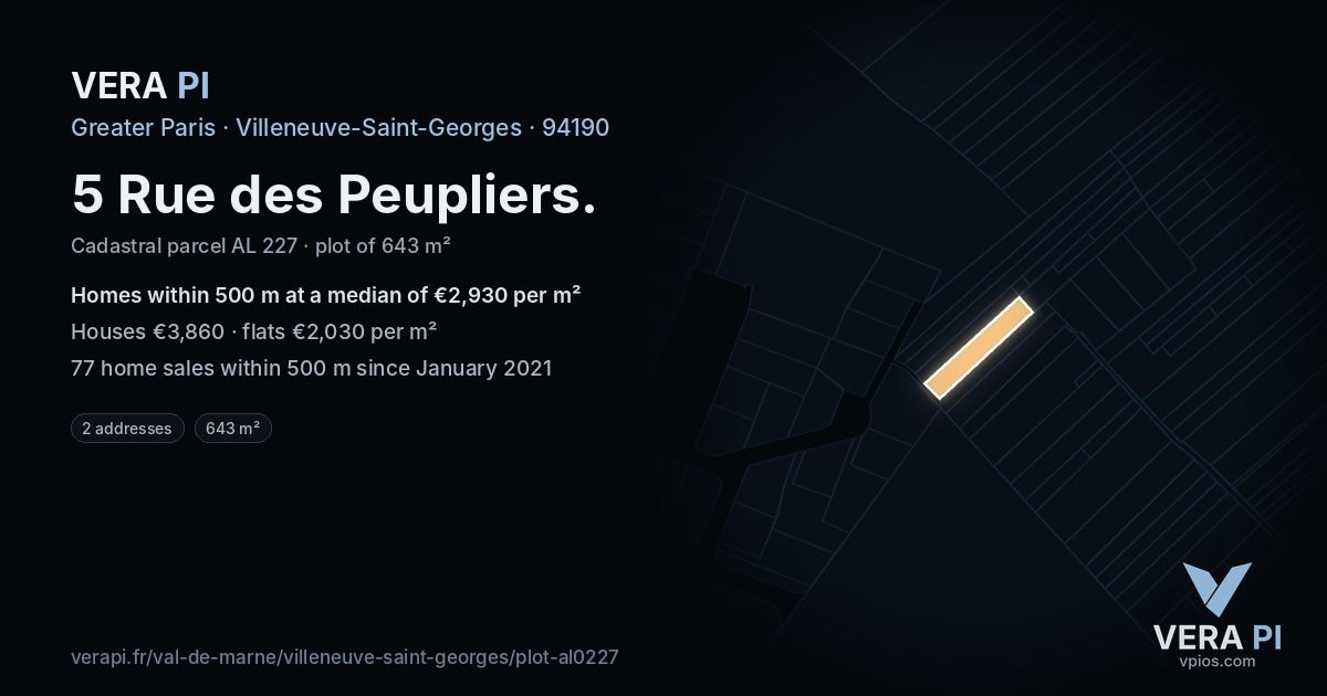 5 Rue des Peupliers, Villeneuve-Saint-Georges at night – the plot lit, the parcels around coloured by the prices near them
