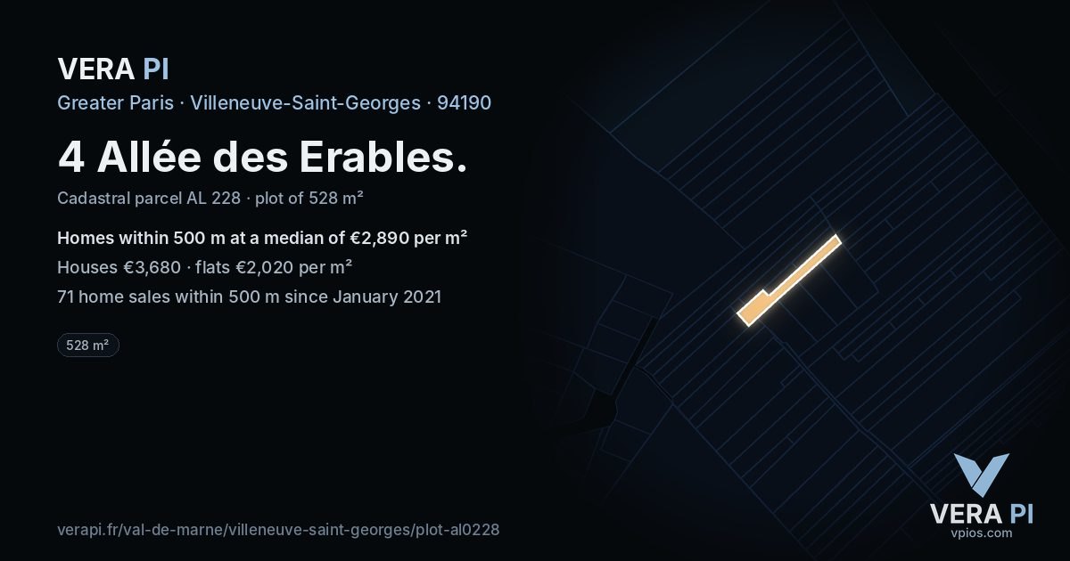 4 Allée des Erables, Villeneuve-Saint-Georges at night – the plot lit, the parcels around coloured by the prices near them
