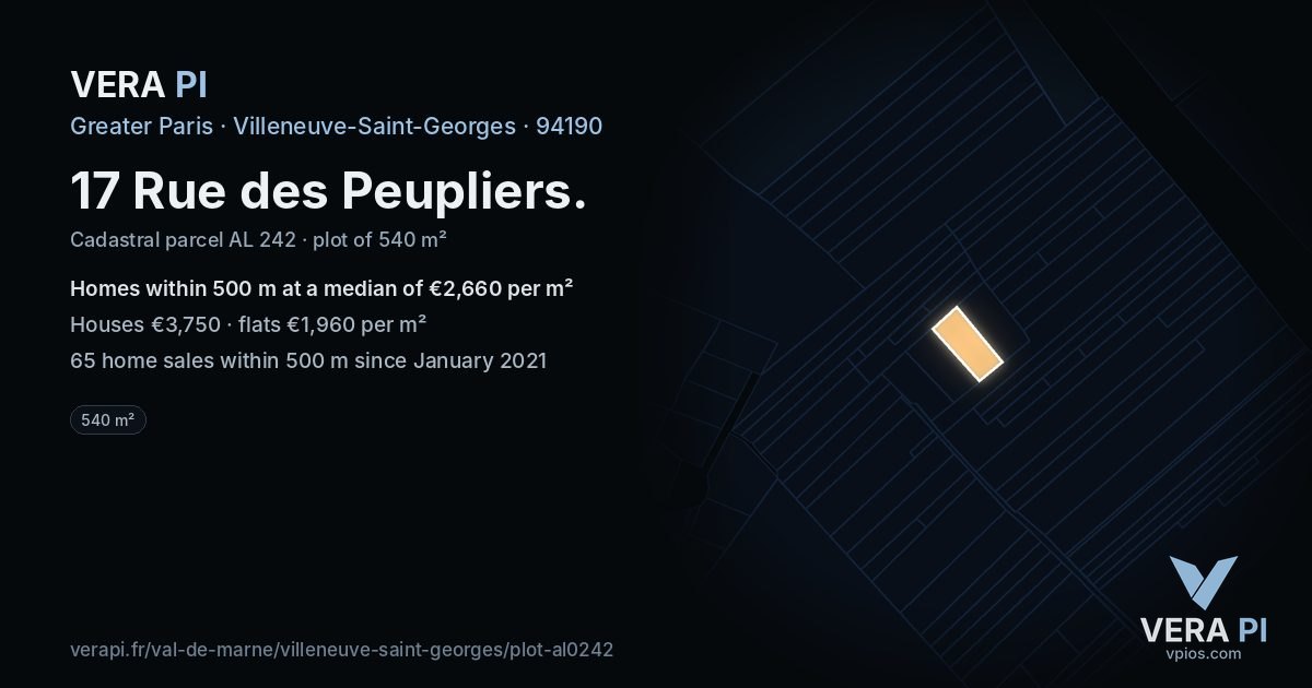 17 Rue des Peupliers, Villeneuve-Saint-Georges at night – the plot lit, the parcels around coloured by the prices near them