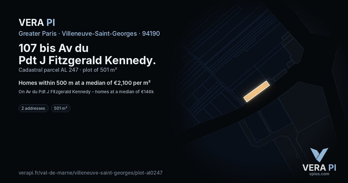 107 bis Av du Pdt J Fitzgerald Kennedy, Villeneuve-Saint-Georges at night – the plot lit, the parcels around coloured by the prices near them