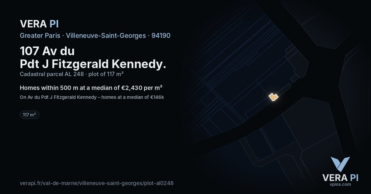 107 Av du Pdt J Fitzgerald Kennedy, Villeneuve-Saint-Georges at night – the plot lit, the parcels around coloured by the prices near them