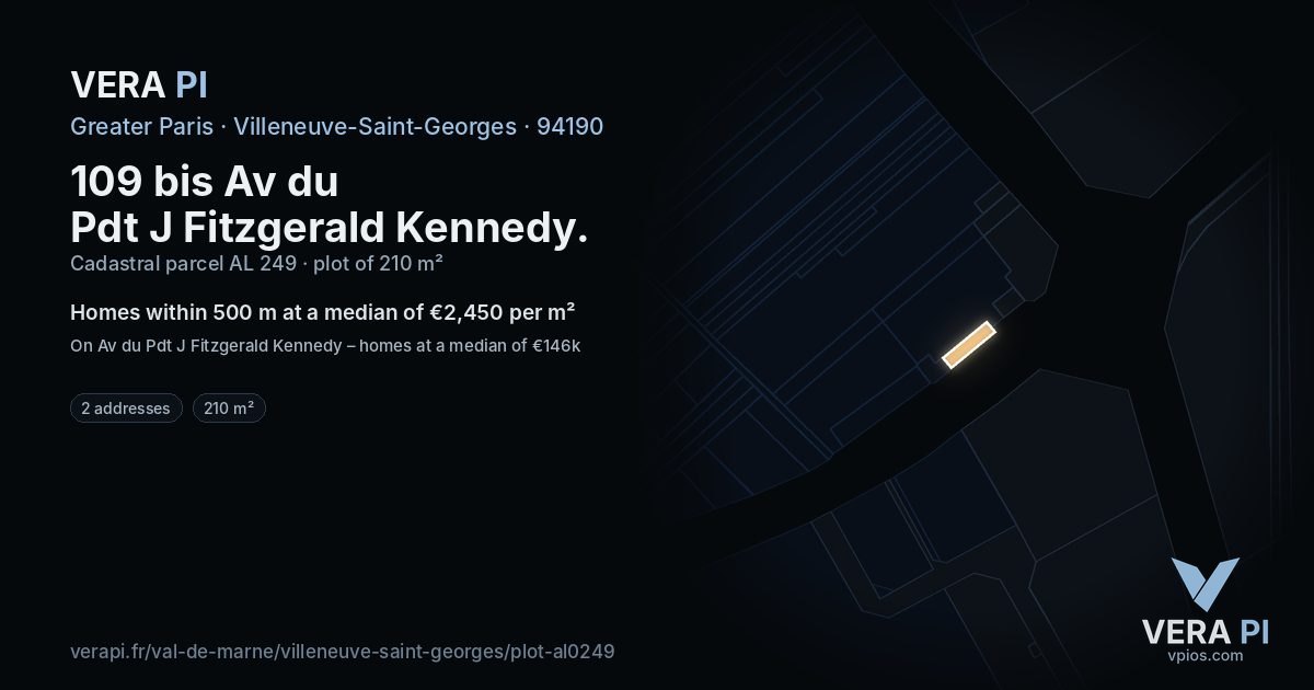 109 bis Av du Pdt J Fitzgerald Kennedy, Villeneuve-Saint-Georges at night – the plot lit, the parcels around coloured by the prices near them