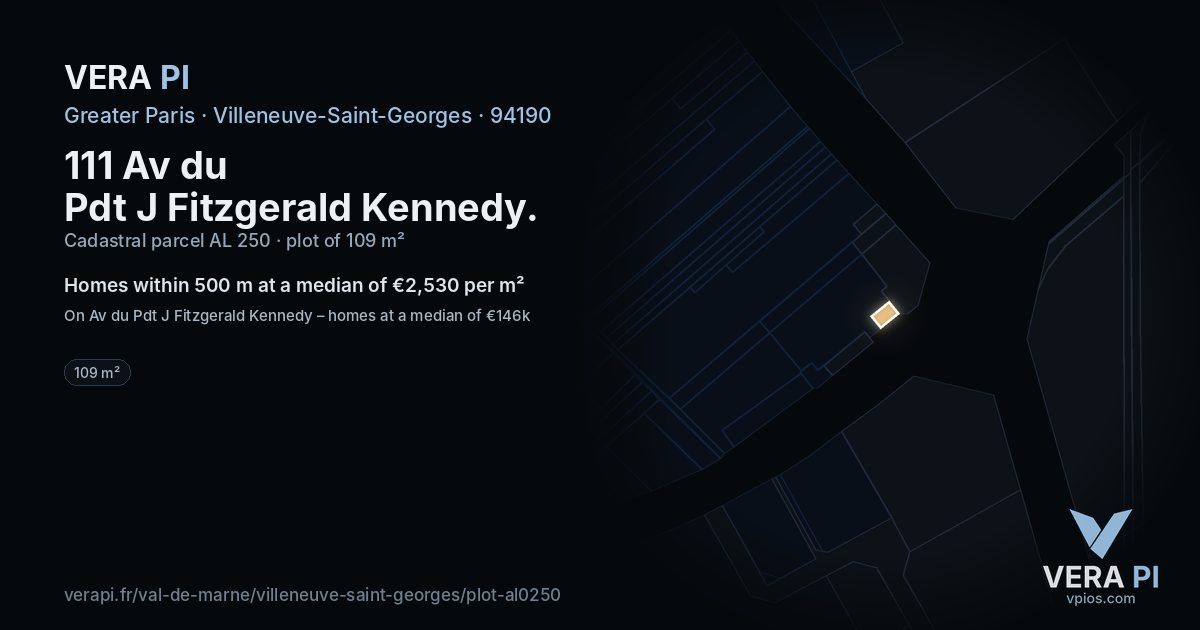 111 Av du Pdt J Fitzgerald Kennedy, Villeneuve-Saint-Georges at night – the plot lit, the parcels around coloured by the prices near them
