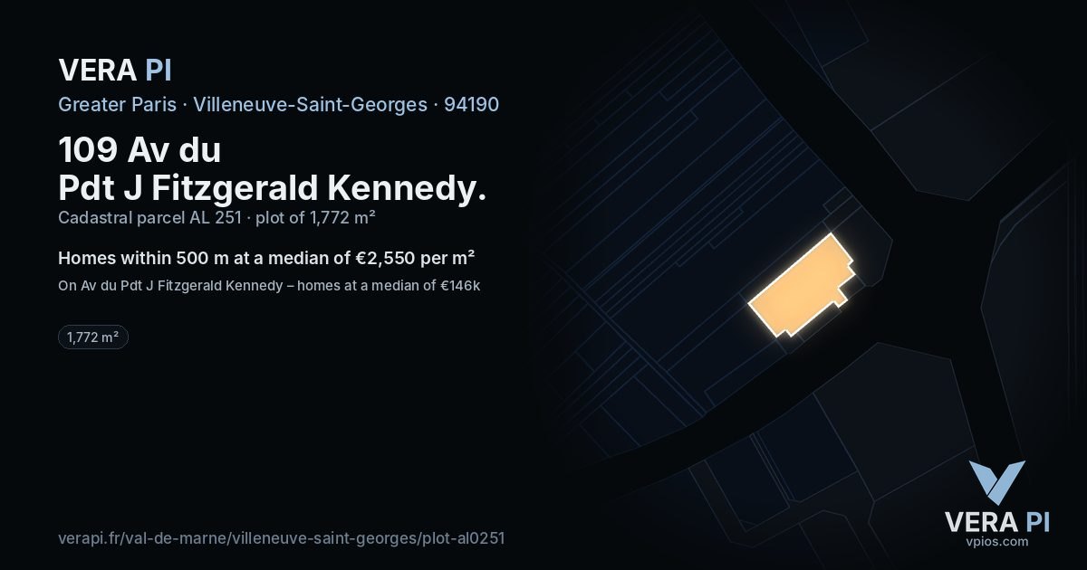 109 Av du Pdt J Fitzgerald Kennedy, Villeneuve-Saint-Georges at night – the plot lit, the parcels around coloured by the prices near them