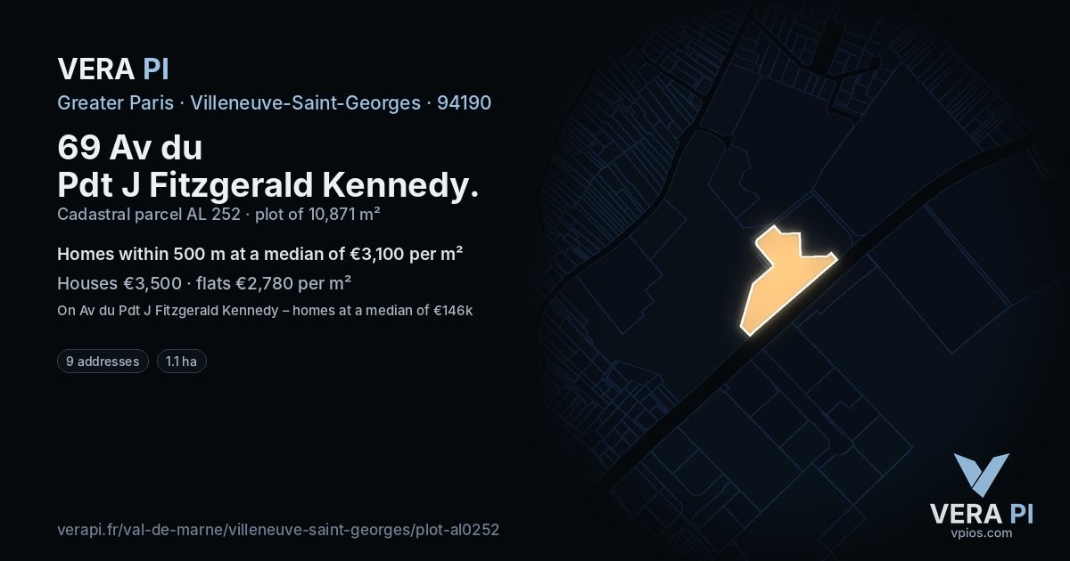 69 Av du Pdt J Fitzgerald Kennedy, Villeneuve-Saint-Georges at night – the plot lit, the parcels around coloured by the prices near them