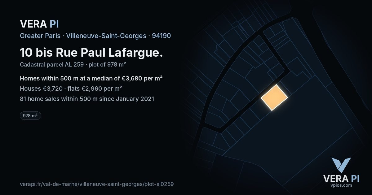 10 bis Rue Paul Lafargue, Villeneuve-Saint-Georges at night – the plot lit, the parcels around coloured by the prices near them
