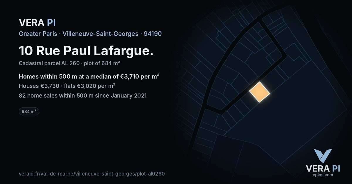 10 Rue Paul Lafargue, Villeneuve-Saint-Georges at night – the plot lit, the parcels around coloured by the prices near them