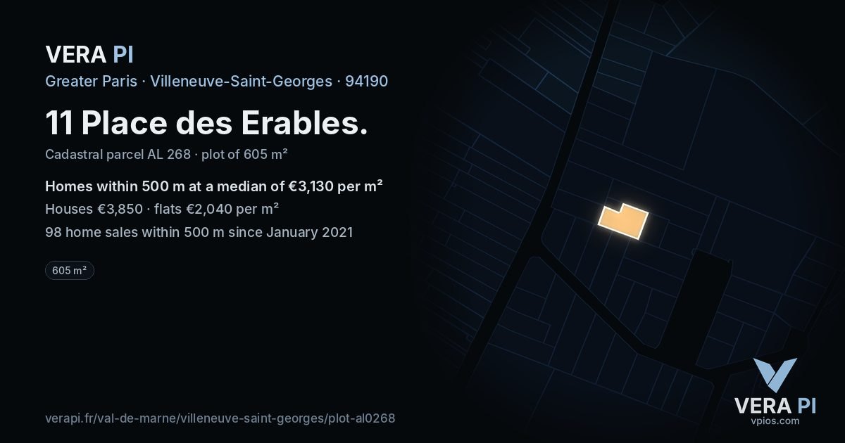 11 Place des Erables, Villeneuve-Saint-Georges at night – the plot lit, the parcels around coloured by the prices near them
