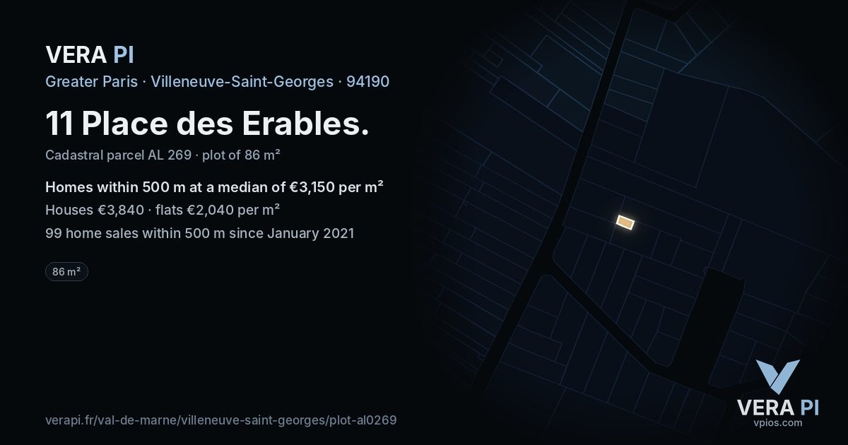 11 Place des Erables, Villeneuve-Saint-Georges at night – the plot lit, the parcels around coloured by the prices near them
