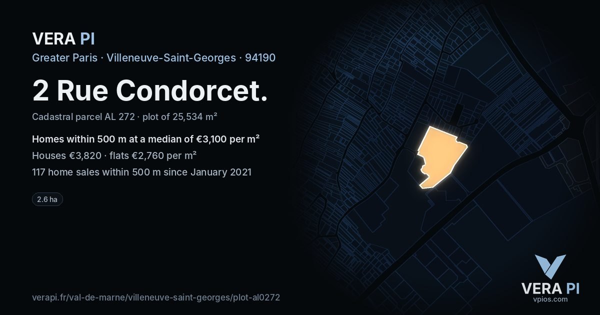2 Rue Condorcet, Villeneuve-Saint-Georges at night – the plot lit, the parcels around coloured by the prices near them