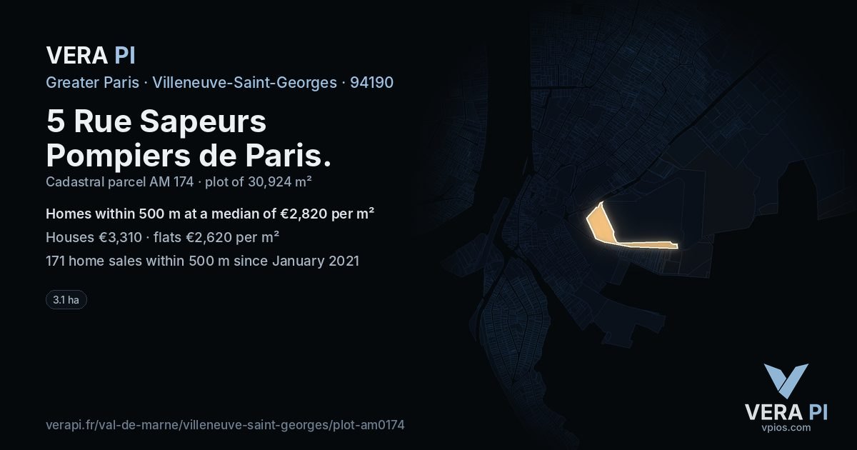 5 Rue Sapeurs Pompiers de Paris, Villeneuve-Saint-Georges at night – the plot lit, the parcels around coloured by the prices near them
