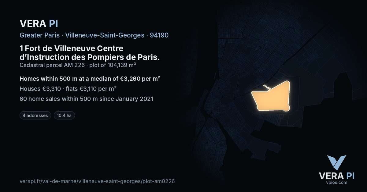 1 Fort de Villeneuve Centre d’Instruction des Pompiers de Paris, Villeneuve-Saint-Georges at night – the plot lit, the parcels around coloured by the prices near them