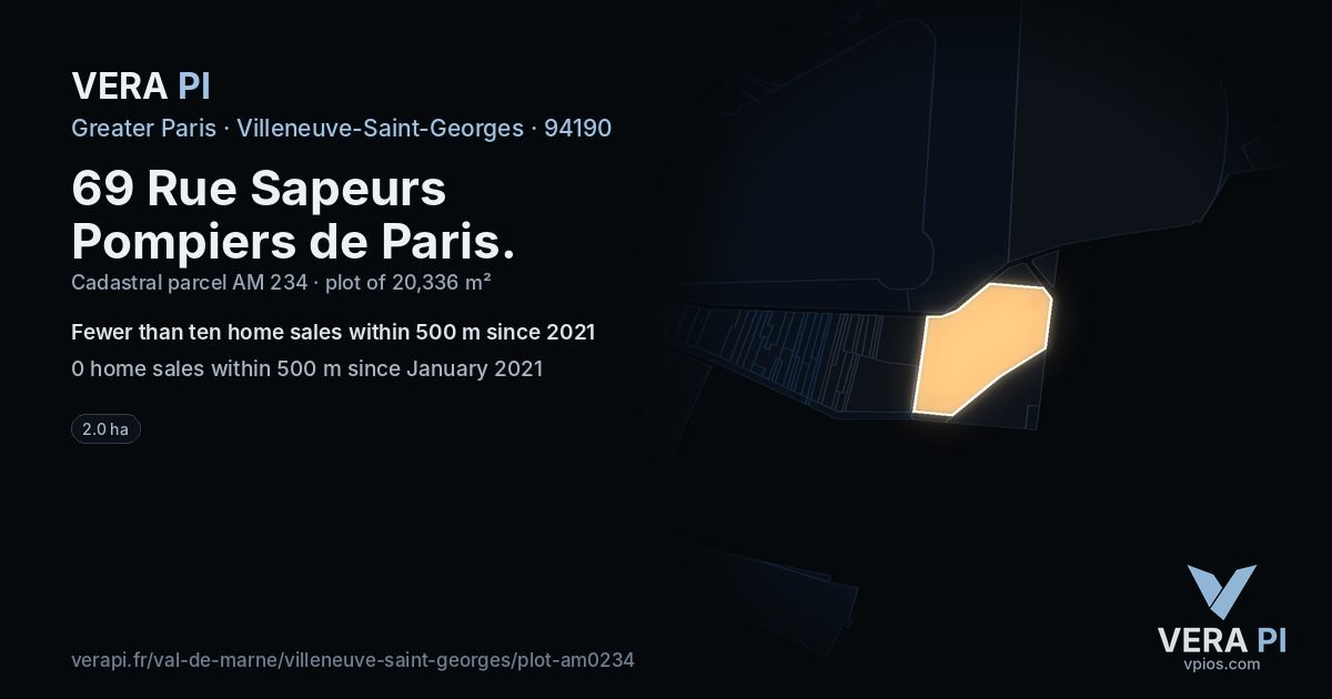 69 Rue Sapeurs Pompiers de Paris, Villeneuve-Saint-Georges at night – the plot lit, the parcels around coloured by the prices near them