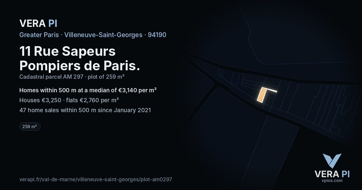 11 Rue Sapeurs Pompiers de Paris, Villeneuve-Saint-Georges at night – the plot lit, the parcels around coloured by the prices near them