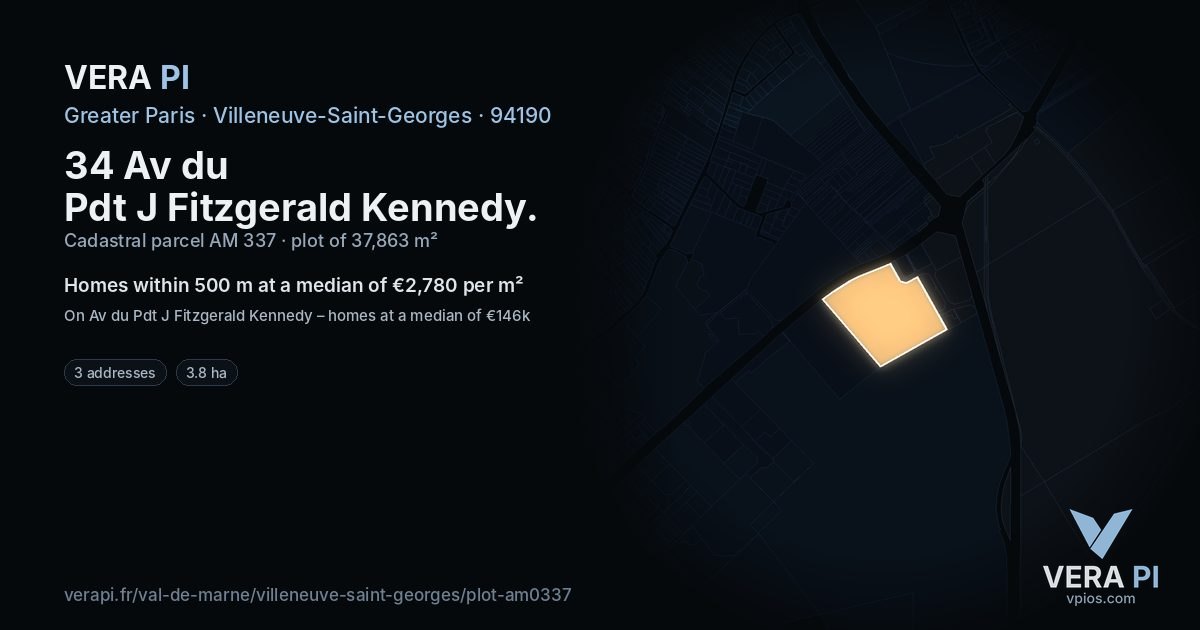 34 Av du Pdt J Fitzgerald Kennedy, Villeneuve-Saint-Georges at night – the plot lit, the parcels around coloured by the prices near them