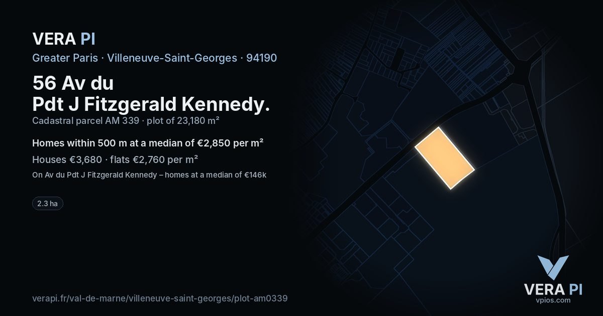 56 Av du Pdt J Fitzgerald Kennedy, Villeneuve-Saint-Georges at night – the plot lit, the parcels around coloured by the prices near them