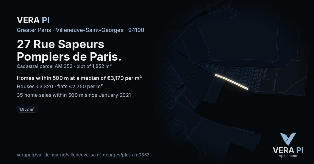 27 Rue Sapeurs Pompiers de Paris, Villeneuve-Saint-Georges at night – the plot lit, the parcels around coloured by the prices near them