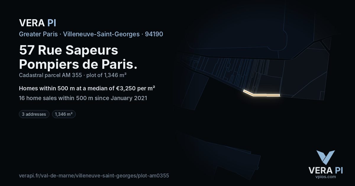 57 Rue Sapeurs Pompiers de Paris, Villeneuve-Saint-Georges at night – the plot lit, the parcels around coloured by the prices near them