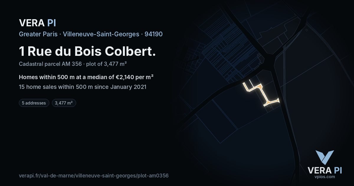 1 Rue du Bois Colbert, Villeneuve-Saint-Georges at night – the plot lit, the parcels around coloured by the prices near them