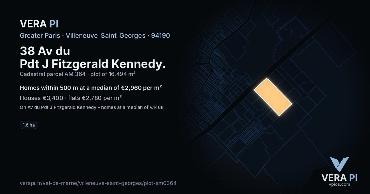 38 Av du Pdt J Fitzgerald Kennedy, Villeneuve-Saint-Georges at night – the plot lit, the parcels around coloured by the prices near them