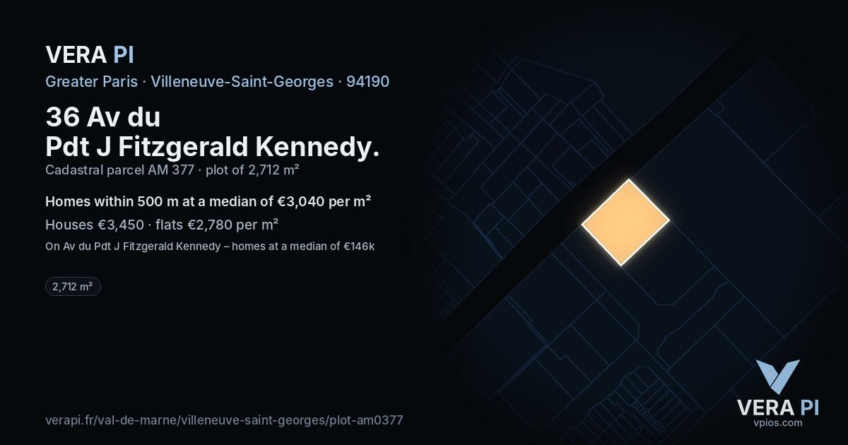 36 Av du Pdt J Fitzgerald Kennedy, Villeneuve-Saint-Georges at night – the plot lit, the parcels around coloured by the prices near them