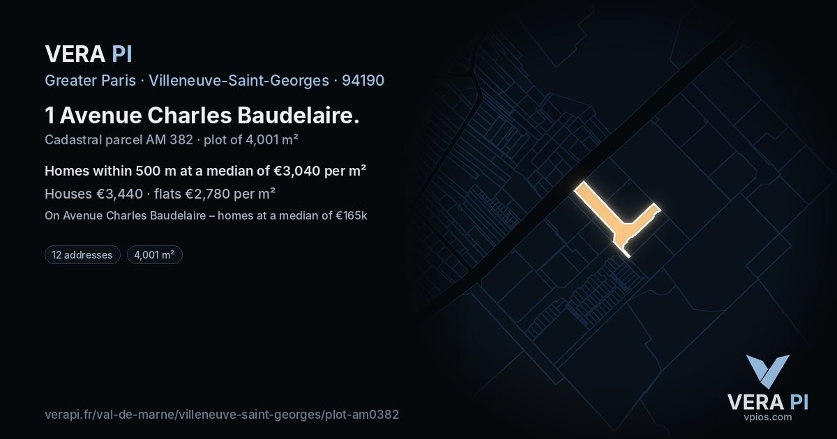 1 Avenue Charles Baudelaire, Villeneuve-Saint-Georges at night – the plot lit, the parcels around coloured by the prices near them