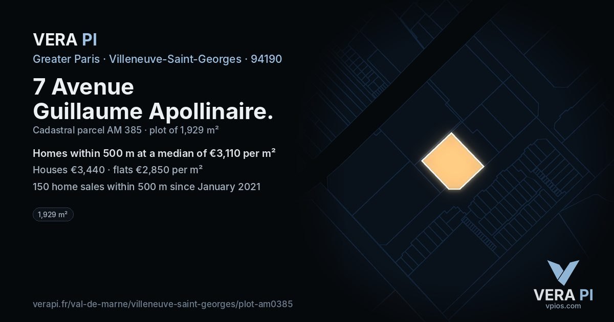 7 Avenue Guillaume Apollinaire, Villeneuve-Saint-Georges at night – the plot lit, the parcels around coloured by the prices near them